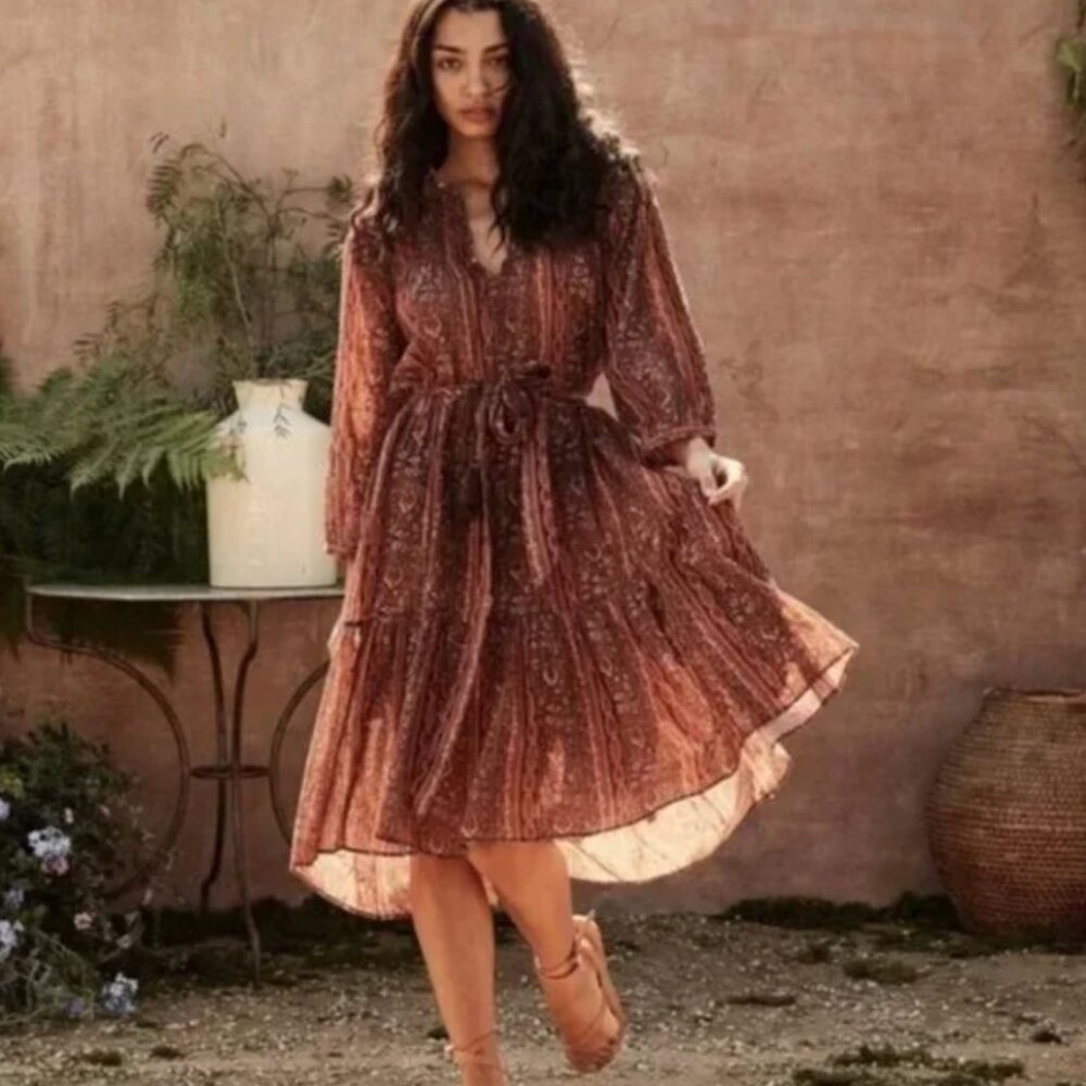 Doen Normandy Dress Earth Mandevilla Vine Floral Paisley L - Picture 2 of 16